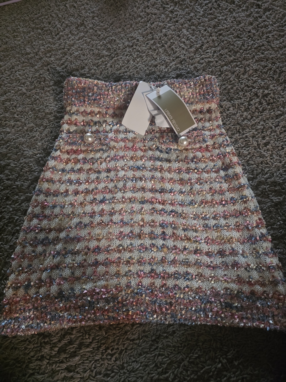 Metallic Multi-Color Knit Mini Skirt with Pearl Buttons